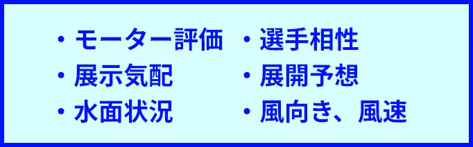 ・モーター評価・展示気配・水面状況・選手相性・展開予想・風向き、風速