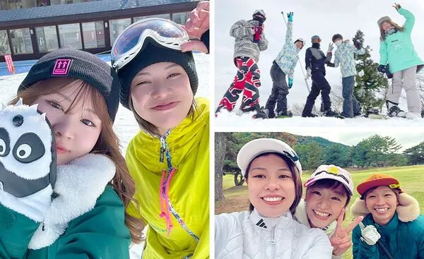 同期の選手たちとスノーボードやゴルフをしているときの写真